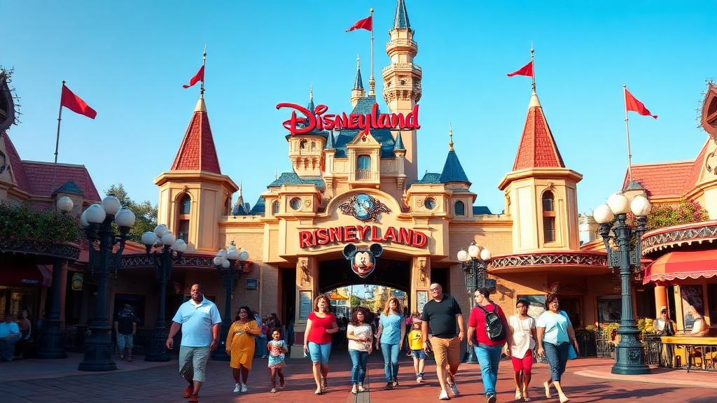 Disneyland California con la entrada del parque y familias